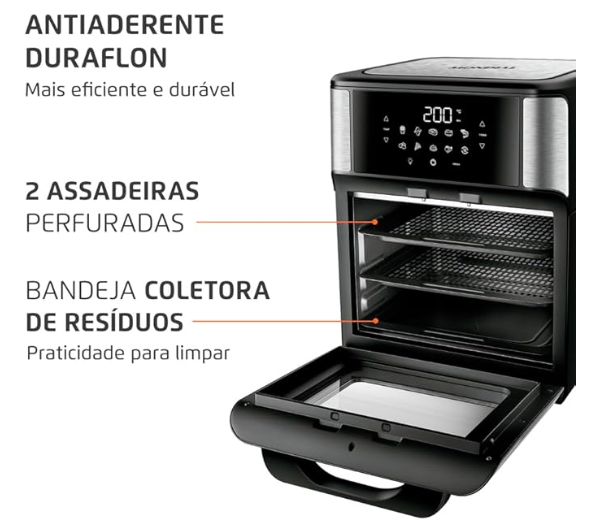 Fritadeira Air Fryer Forno Oven 12L, Preto/Inox, 2000W, 110V - AFO-12L-BI
