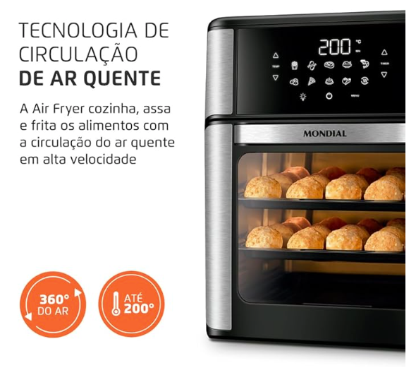 Fritadeira Air Fryer Forno Oven 12L, Preto/Inox, 2000W, 110V - AFO-12L-BI