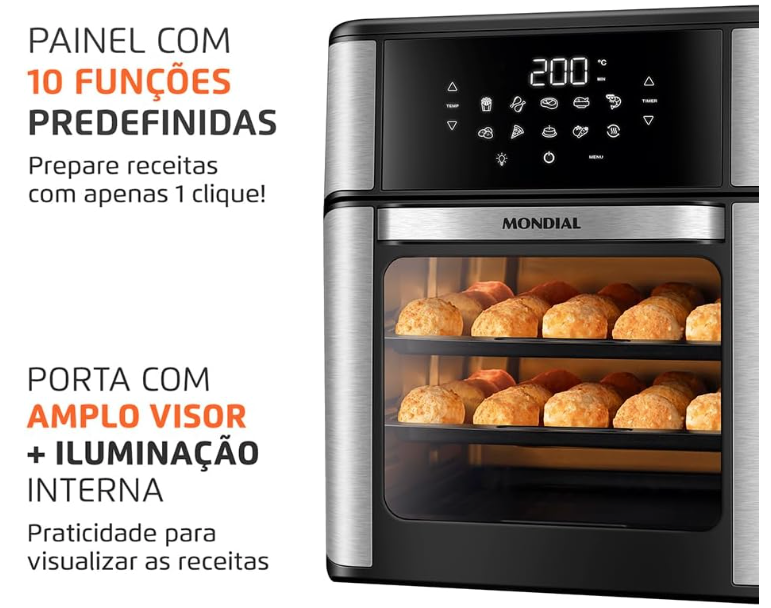 Fritadeira Air Fryer Forno Oven 12L, Preto/Inox, 2000W, 110V - AFO-12L-BI