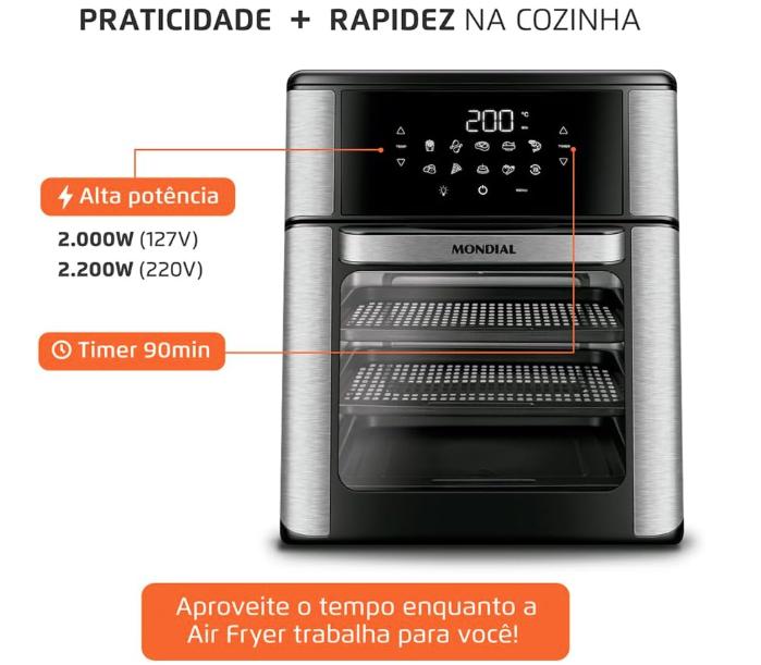 Fritadeira Air Fryer Forno Oven 12L, Preto/Inox, 2000W, 110V - AFO-12L-BI