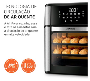 Fritadeira Air Fryer Forno Oven 12L, Preto/Inox, 2000W, 110V - AFO-12L-BI
