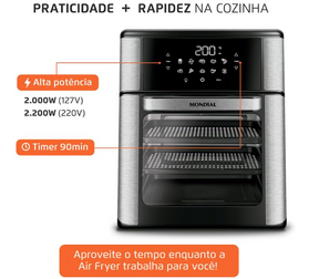 Fritadeira Air Fryer Forno Oven 12L, Preto/Inox, 2000W, 110V - AFO-12L-BI